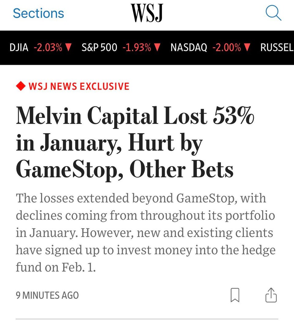 Melvin Capital Lost 53% in January, Hurt By GameStop, Other Bets. #wallstreetbets