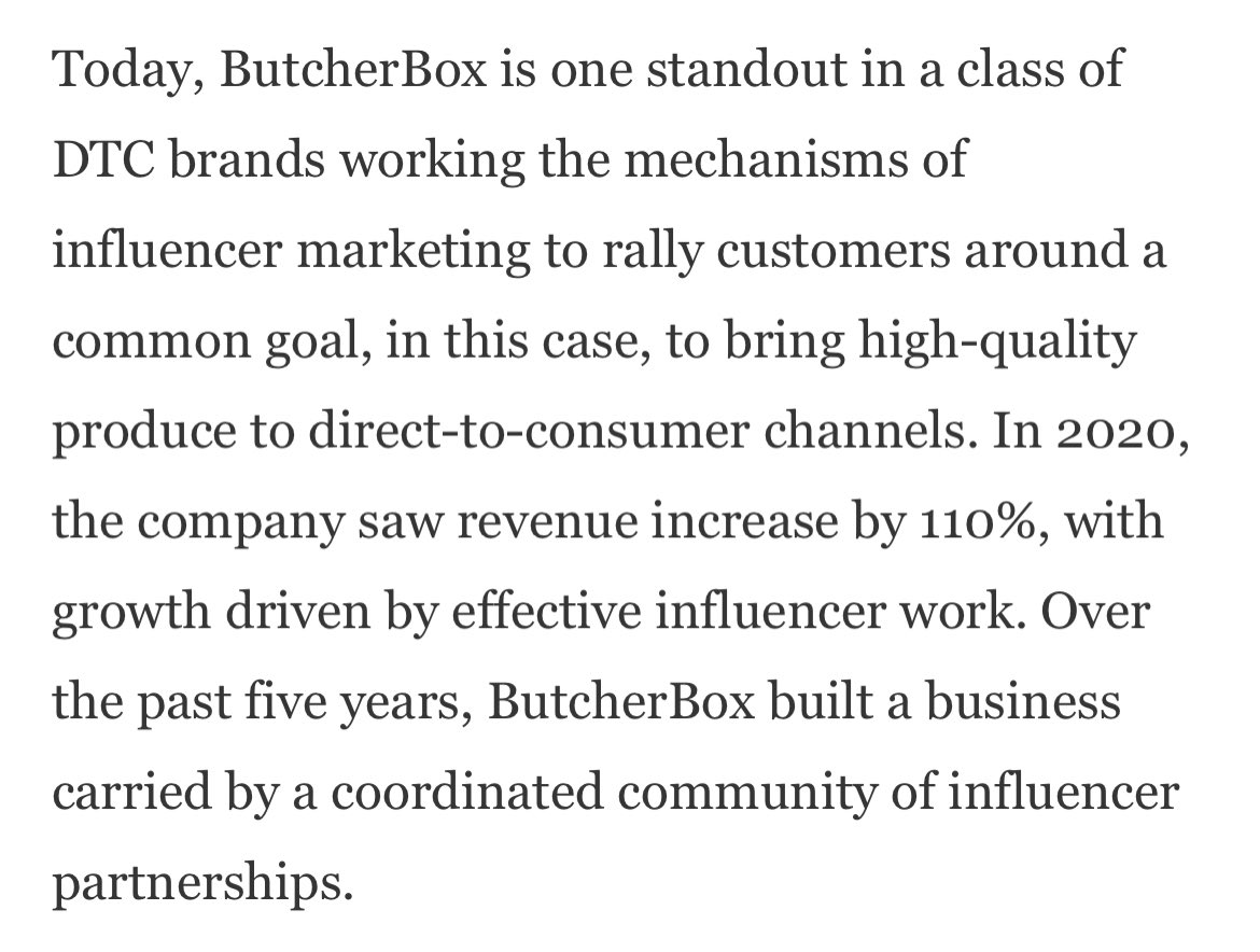 Another such example, which was highlighted by  @web and  @2PMinc in a recent deep dive, is ButcherBox.The business more than doubled Revenues in 2020, leveraging influencers to capitalize on this frothy premium market