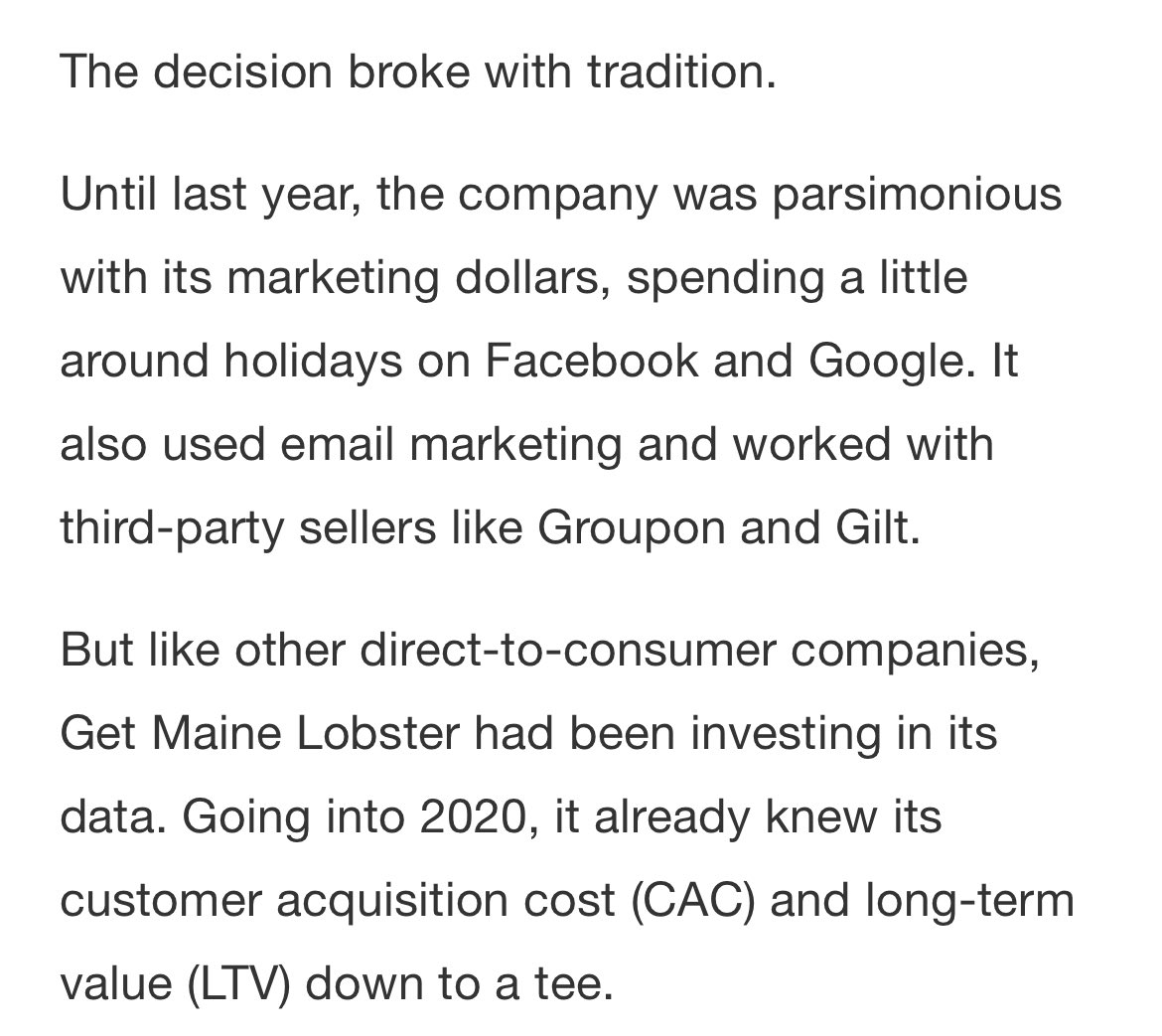 In Maine - where I grew up - Get Maine Lobster broke away from a decades old business model and drove hockey stick growth through DTC principlesIn December 2020, they sold more lobster in three weeks than in all of 2019
