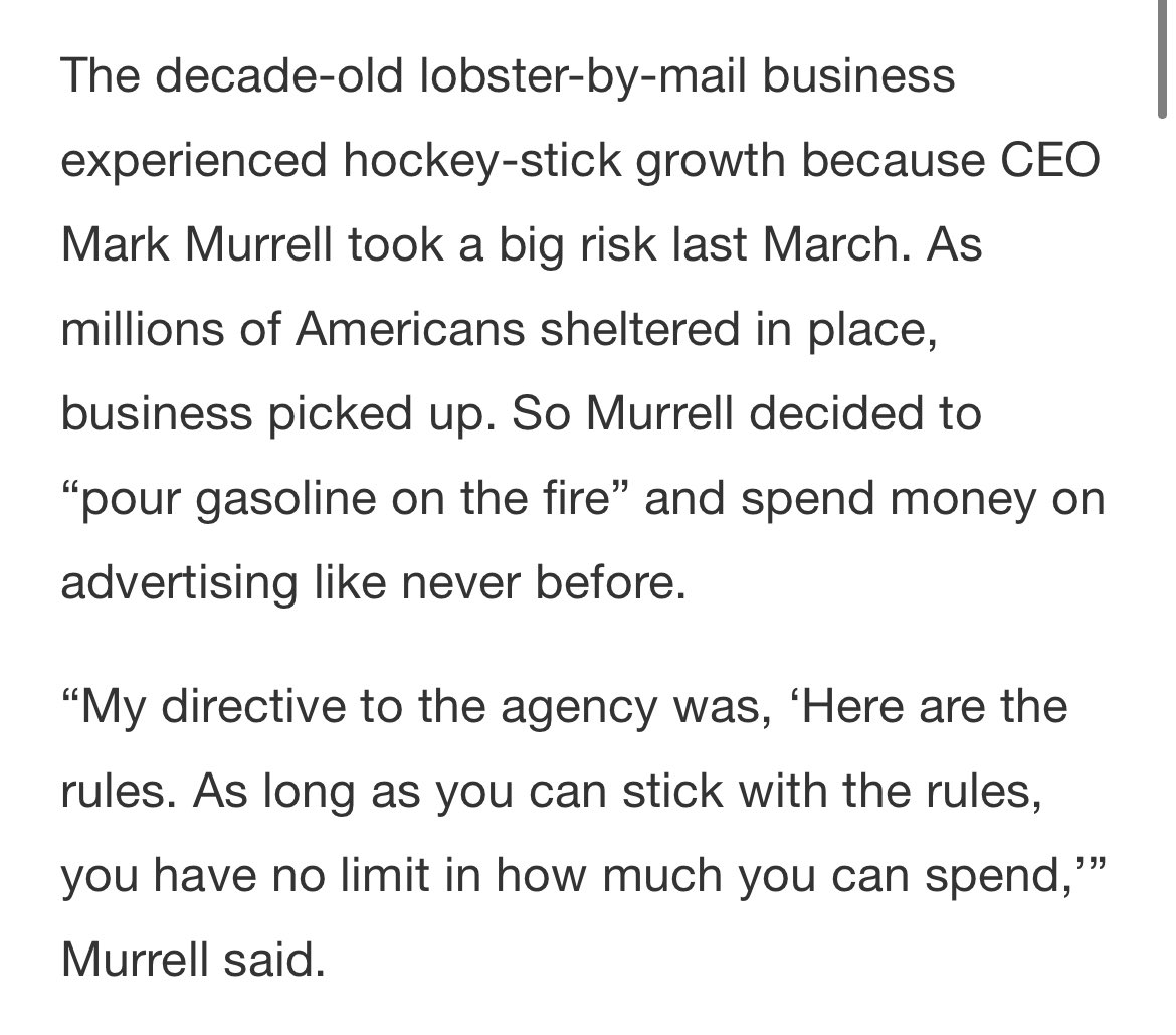 In Maine - where I grew up - Get Maine Lobster broke away from a decades old business model and drove hockey stick growth through DTC principlesIn December 2020, they sold more lobster in three weeks than in all of 2019