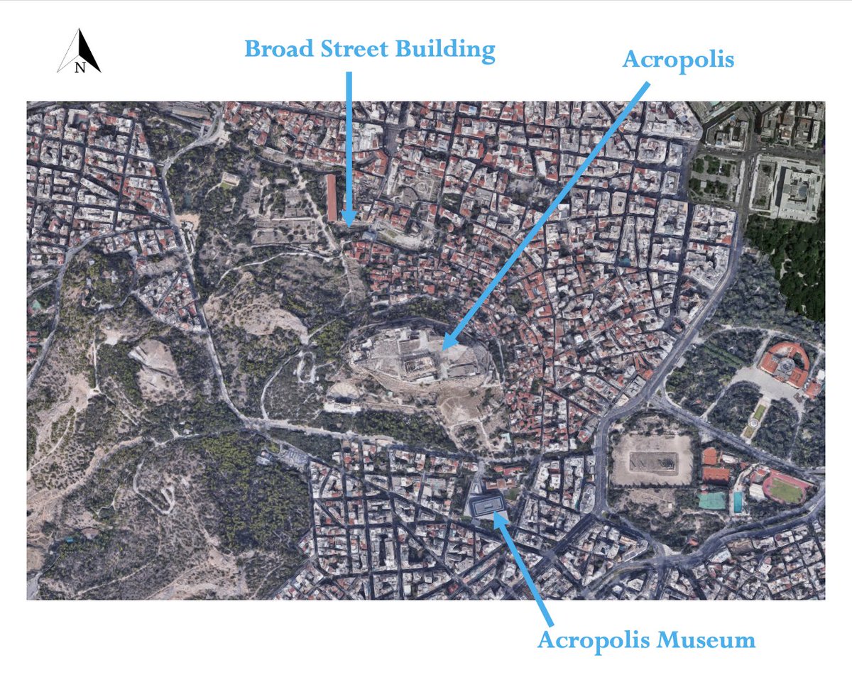 The Acropolis Museum is located south of the Acropolis. This is immediately significant. The Late Antique city was traditionally believed to only be within the city walls north of the Acropolis. The remains under the museum indicate that the city was larger & more spread-out.