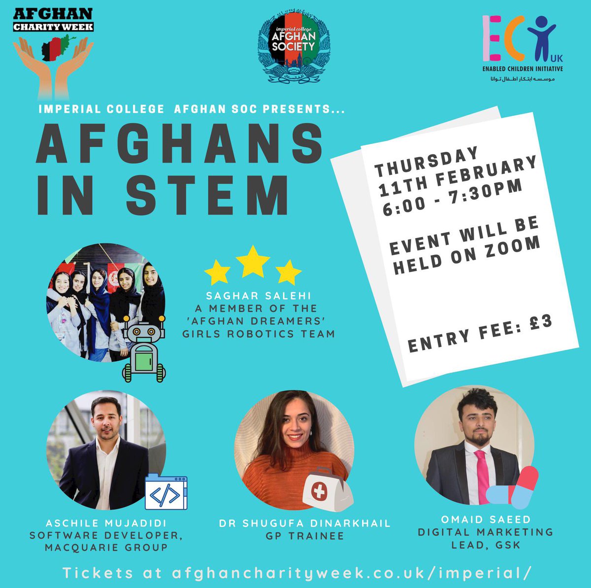 imperialafgsoc's tweet photo. On Thursday 11th Feb we’re holding a STEM panel!! 🤩It’s a really exciting opportunity to ask questions and find out more information from our inspirational Afghan Panelists 🇦🇫. Get your tickets from the link in bio you won’t regret it! P.s there’s a very special guest also🤭 https://t.co/SzVECM48XG
