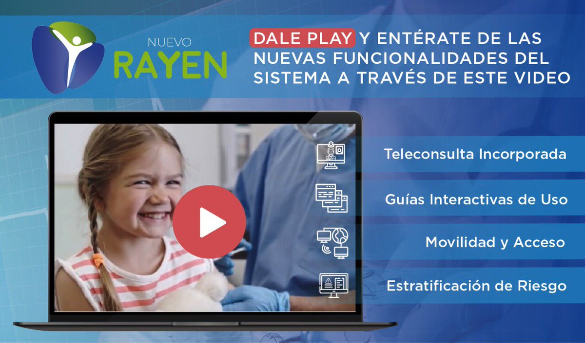 Rayen_Salud's tweet photo. ¿Ya conoces las funcionalidades del Nuevo RAYEN? 🏥💻 

Teleconsulta incorporada, Guías Interactivas de uso, movilidad/acceso y Estratificación de Riesgo.

DALE PLAY a este video y conócelas ▶️  https://t.co/pqay48RuMK https://t.co/gZFb3c8KPV