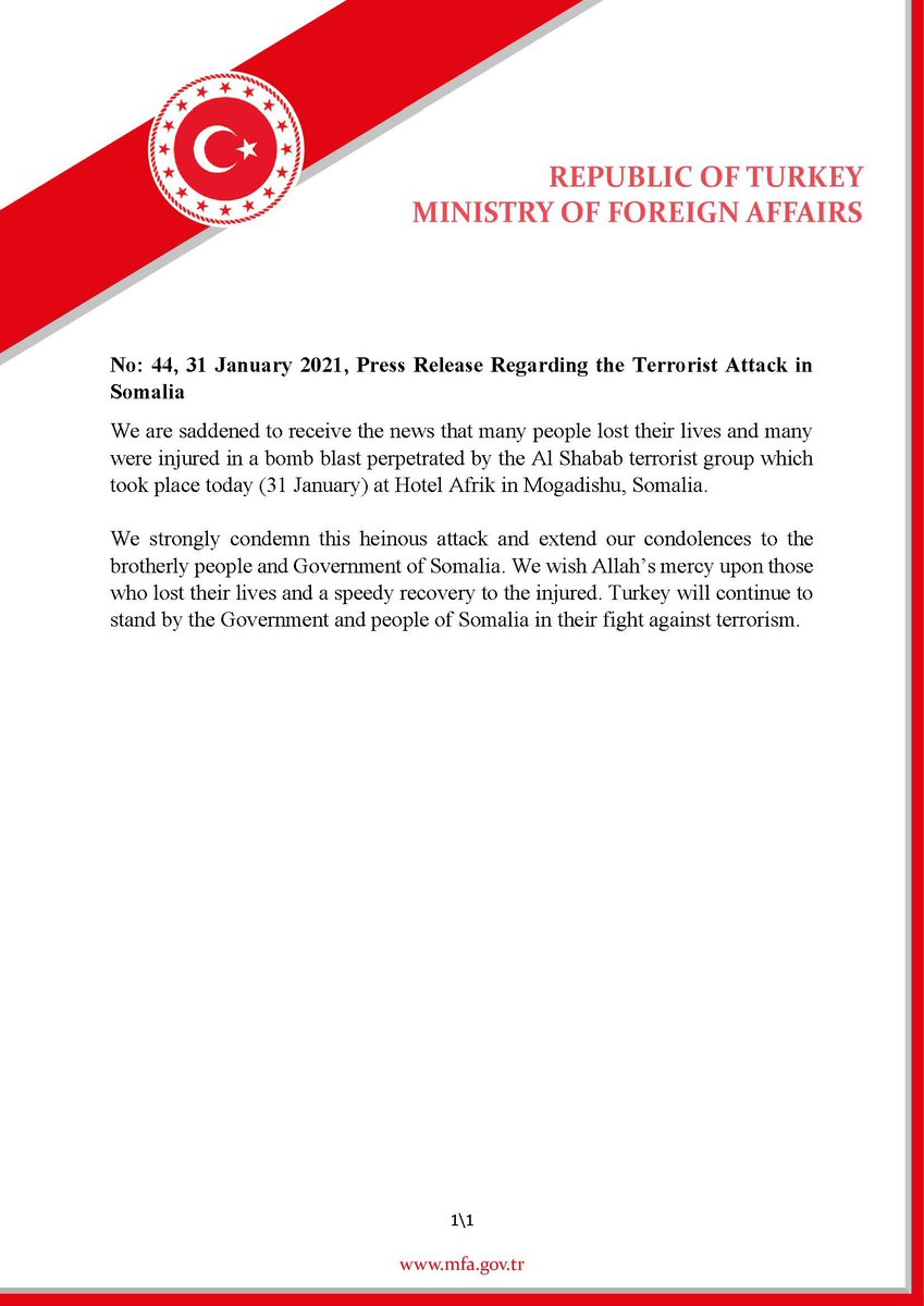 MFATurkiye's tweet photo. Press Release Regarding the Terrorist Attack in Somalia https://t.co/OMrzWZ03Ve https://t.co/4d64ekfUZv