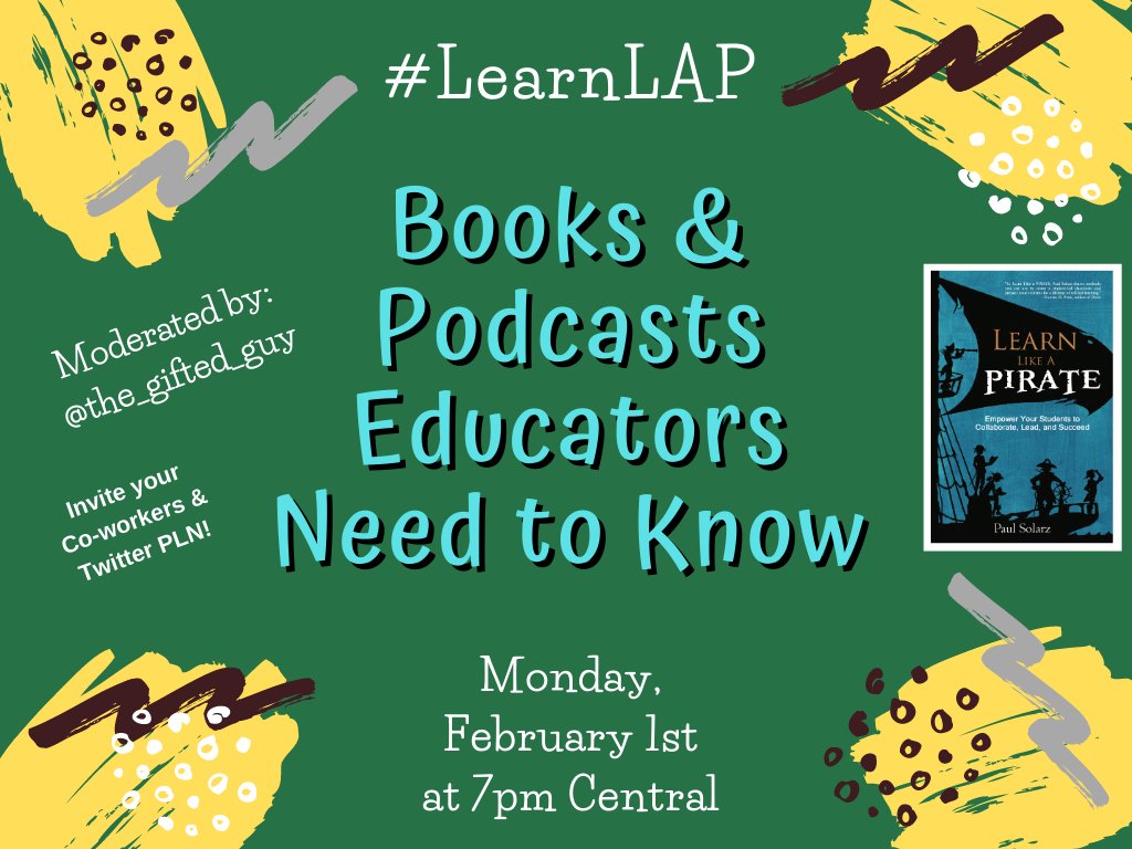 PaulSolarz's tweet photo. "Books & Podcasts Every Educator Should Know"
Please join @the_gifted_guy MONDAY at 7pm Central for #LearnLAP!
#sstlap #edugladiators #ELAchat #engagechat #fcpslearn #formativechat #FREEPD #G2Great #Games4Ed #GeniusHour #globaled #globaledchat #HackLearning #iaedchat #iceilchat https://t.co/4ktoVWQVqZ