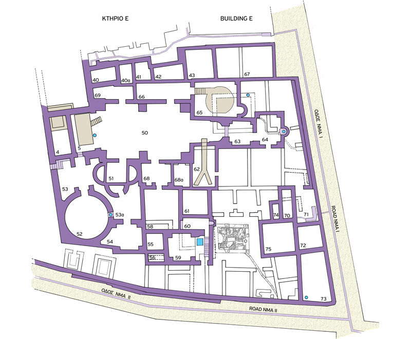 Building E featured a large reception hall w/ an apse. Next to this room was a triclinium, used by Building E's owner & friends for dinner gatherings. To the north sits a large circular structure resembling a tower. Around this were multiple smaller storerooms.