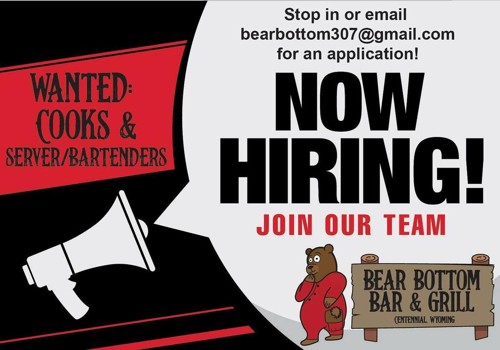 bearbottom307's tweet photo. #bearbottom307 is looking for cooks and server/bartenders. Experience is preferred, but we’re willing to train the right person. For an application, stop by the restaurant or email bearbottom307@gmail.com! #nowhiring #centennialwy https://t.co/SC0oO7oyiC https://t.co/A1Rip0Mjwz