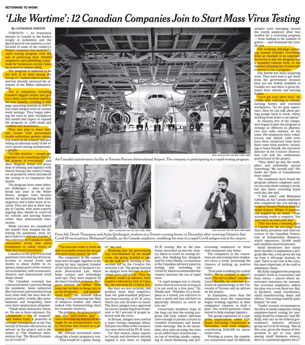 "Like Wartime"
Canada's coordinated approach for mass covid testing.
Why can't the big companies in the US wake up and do this?
And where are the home, rapid antigen tests that were ready in April?
nytimes.com/2021/01/30/wor… <a href="/porterthereport/">Catherine Porter</a> w/ <a href="/joshgans/">Joshua Gans</a> <a href="/professor_ajay/">Ajay Agrawal</a>