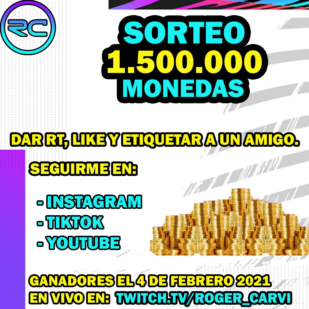 SORTEO DE 1.500.000 MONEDAS FIFA 21!!!

- Like, RT y Etiqueta a un amigo...

En cada red donde etiquetes a alguien ya tienes 1 boleto Extra...

Instagram: instagram.com/roger_carvi/
TikTok: tiktok.com/@Roger_Carvi 
Youtube: youtube.com/c/rogercarvi