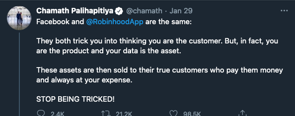 So Chamath has been making a lot of noise attacking Robinhood and implying there's a conspiracy because it sells retail transaction data (payment for order flow) to Ken Griffin's Citadel.He wants you use his platform sofi, but it turns out, they literally do the same thing? 1/n