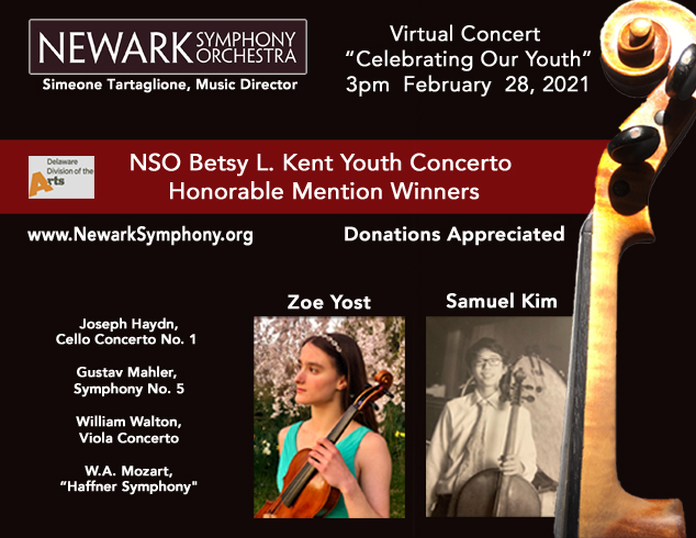 Free Virtual #concert premier 3pm Feb. 28, 2021. View any time after premier on our NSO website:  newarksymphony.org/virtual-concer…
Donations greatly appreciated: newarksymphony.org/support-the-ns…
#Newark #Delaware #Symphony #Mahler 
#Haydn #Cello #Concerto
#Walton #Viola 
#Mozart
