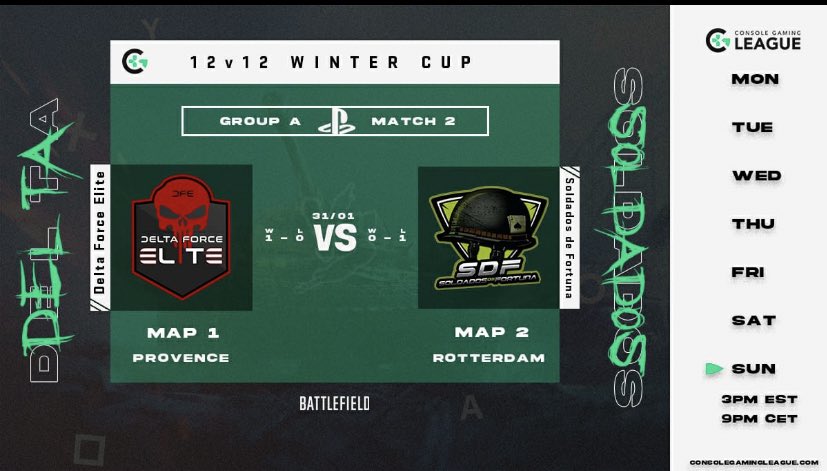 En menos de 30 minutos tenemos el partido contra <a href="/DeltaForceElit1/">Delta Force Elite</a> en la liga de T12 de la <a href="/ConsoleGamingLG/">CGL</a>. Tenemos ya los fusiles engrasados y munición a punto.
Vernos en directo por @ErLlervita y <a href="/Taciturns_97/">Taciturns_97</a> 
#GoSoldados #GoSDF