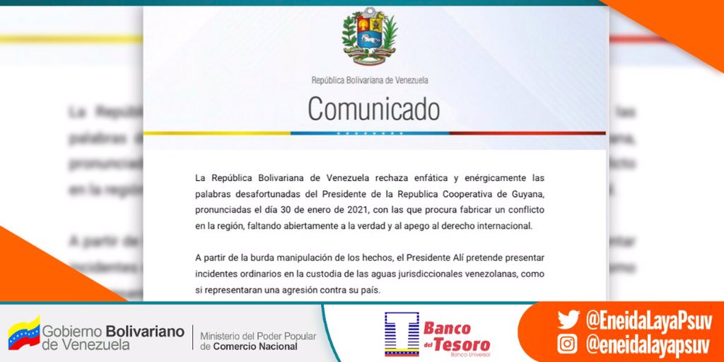 Nos unimos al rechazo a las declaraciones emitidas por presidente de la República Cooperativa de Guyana, las cuales propician conflictos en la región. Venezuela se mantiene siempre apegada al derecho internacional y los acuerdos establecidos para la paz. #EnVenezuelaNosCuidamos