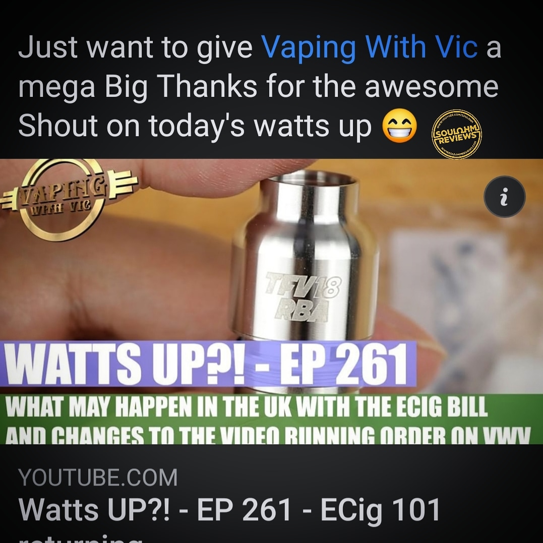 SoulOhm's tweet image. Just want to give @VapingWithVic
a mega Big Thanks for the awesome Shout out on today's watts up 😁
youtu.be/42gOgI0F3Es
#vapingwithvic #soulohm #shoutout #fluffarmy #theohmservice #blacksheep