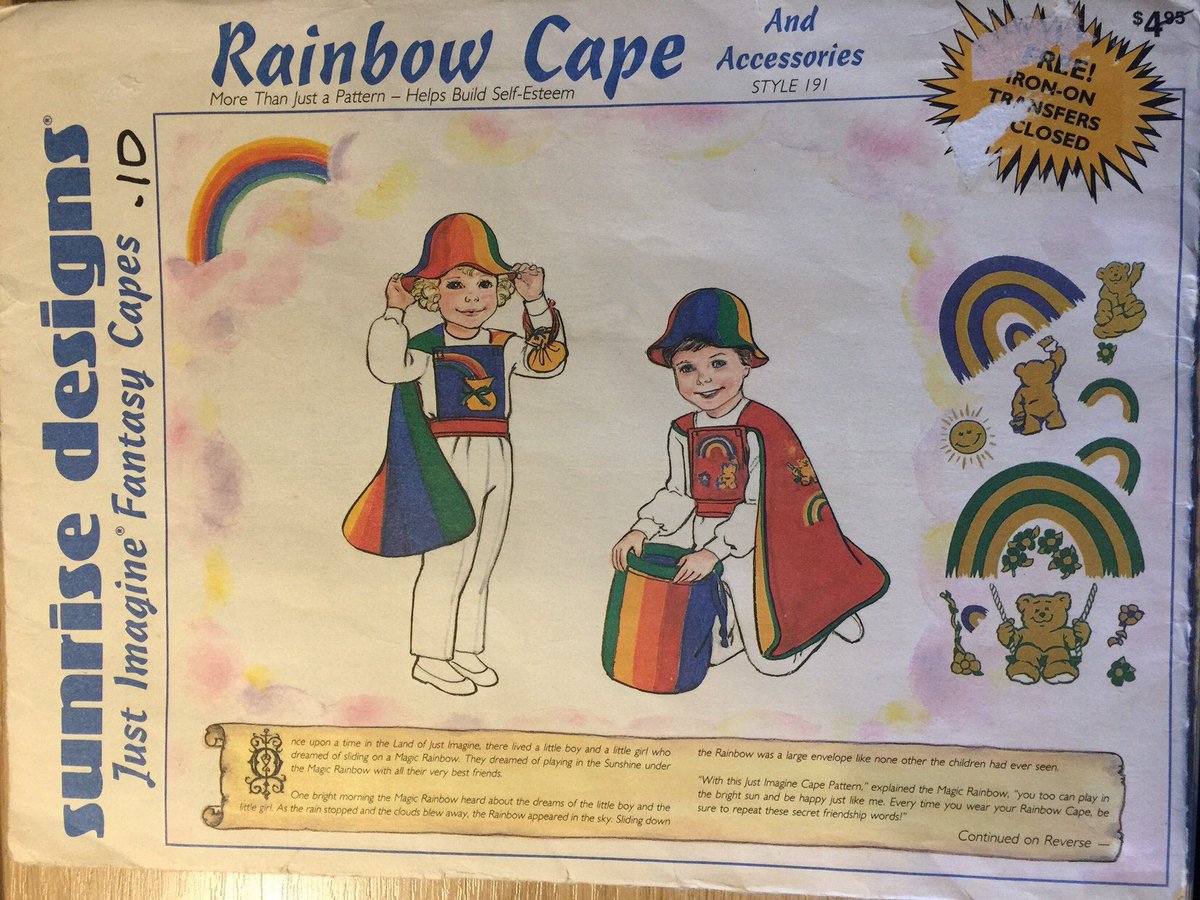 WatsonsVintage's tweet photo. A FABULOUS INSPIRATIONAL CHILDREN’S SEWING PATTERN in my #etsyshop:Extremely RARE Uncut Vintage From 1988 'Rainbow Cape' Pattern with Iron-on Transfers by Sunrise Designs Just Imagine Fantasy Capes Size S-L https://t.co/Ld64ybYPoE #RainbowCape #VintageSewingPattern #UncutPattern https://t.co/5UYjSMT8KE