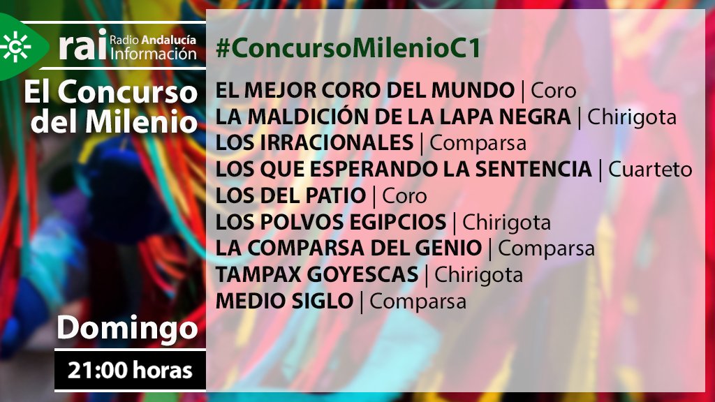 carnavalsur's tweet photo. 🎭 Enseguida arrancan los cuartos de final con el #ConcursoMilenioC1 en RAI

🗣️ @mjcasal_man y @jmanzorro te llevan a casa el #CarnavalDeCádiz 

😍 ¡Disfrútalo y participa en nuestra encuesta sobre las mejores agrupaciones!

Desde las 21:00 h. aquí ⬇️
🔴 https://t.co/ZfoeXBprN8 https://t.co/iTQIKPzjtJ