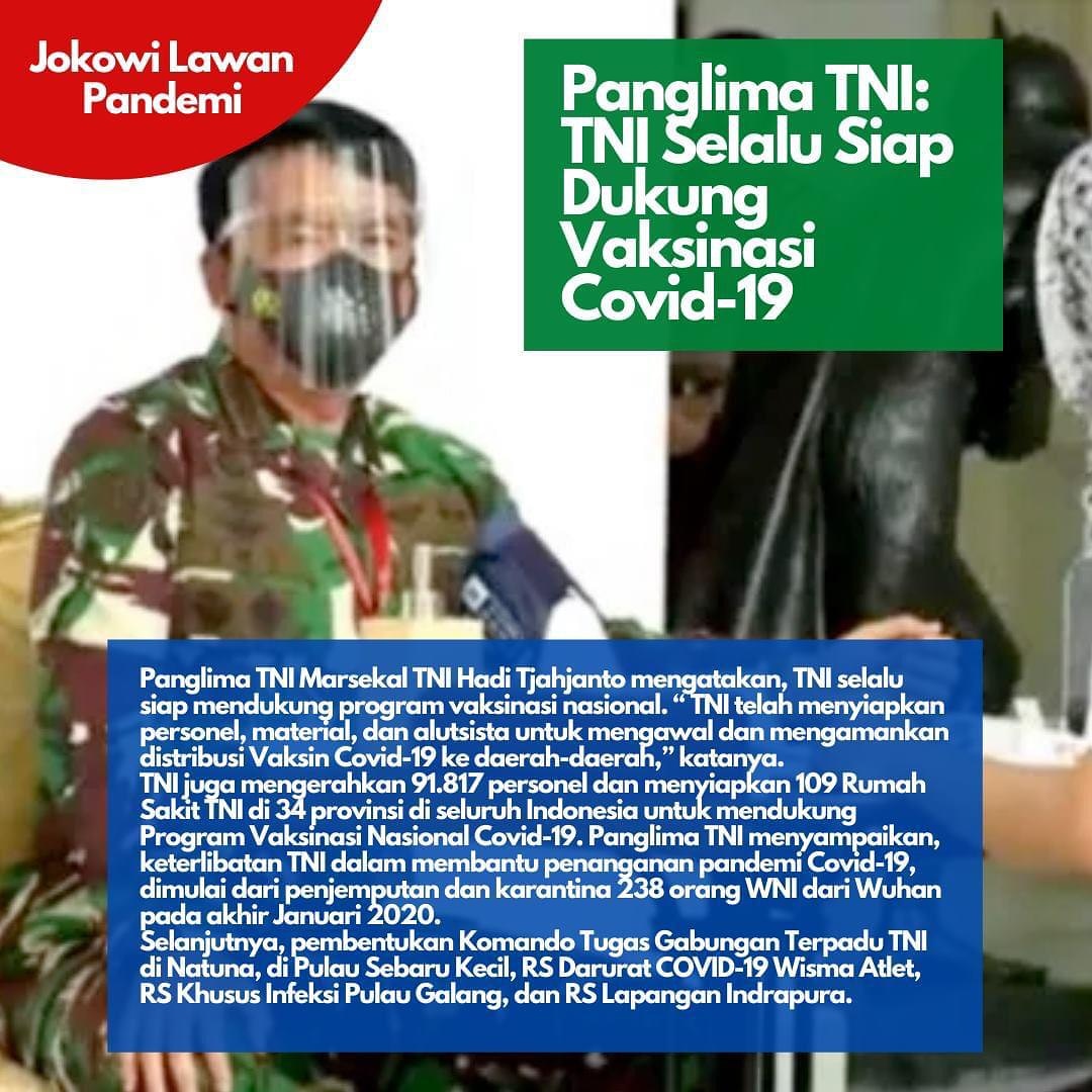 bringas3006's tweet photo. @jokowi Lawan Pandemi 

Panglima TNI : 
TNI selalu siap dukung  Vaksinasi Covid19 dgn mengerahkan Personel, Material, Alutsista u/mengawal &amp;  mengamankan Distribusi Vaksin ke daerah2.
Jangan percaya apalagi sebarkan  Hoax ttg Vaksin. Lbh baik cari info dr sumber yg bs dipercaya. https://t.co/NPsiTTsH0n