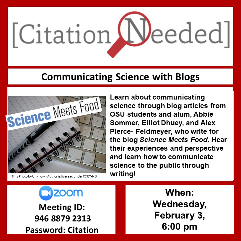 First Meeting of the semester- this Wednesday, Feb 3 at 6 pm! Join us to learn about communicating science through blogs from writers for the Science Meets Food blog