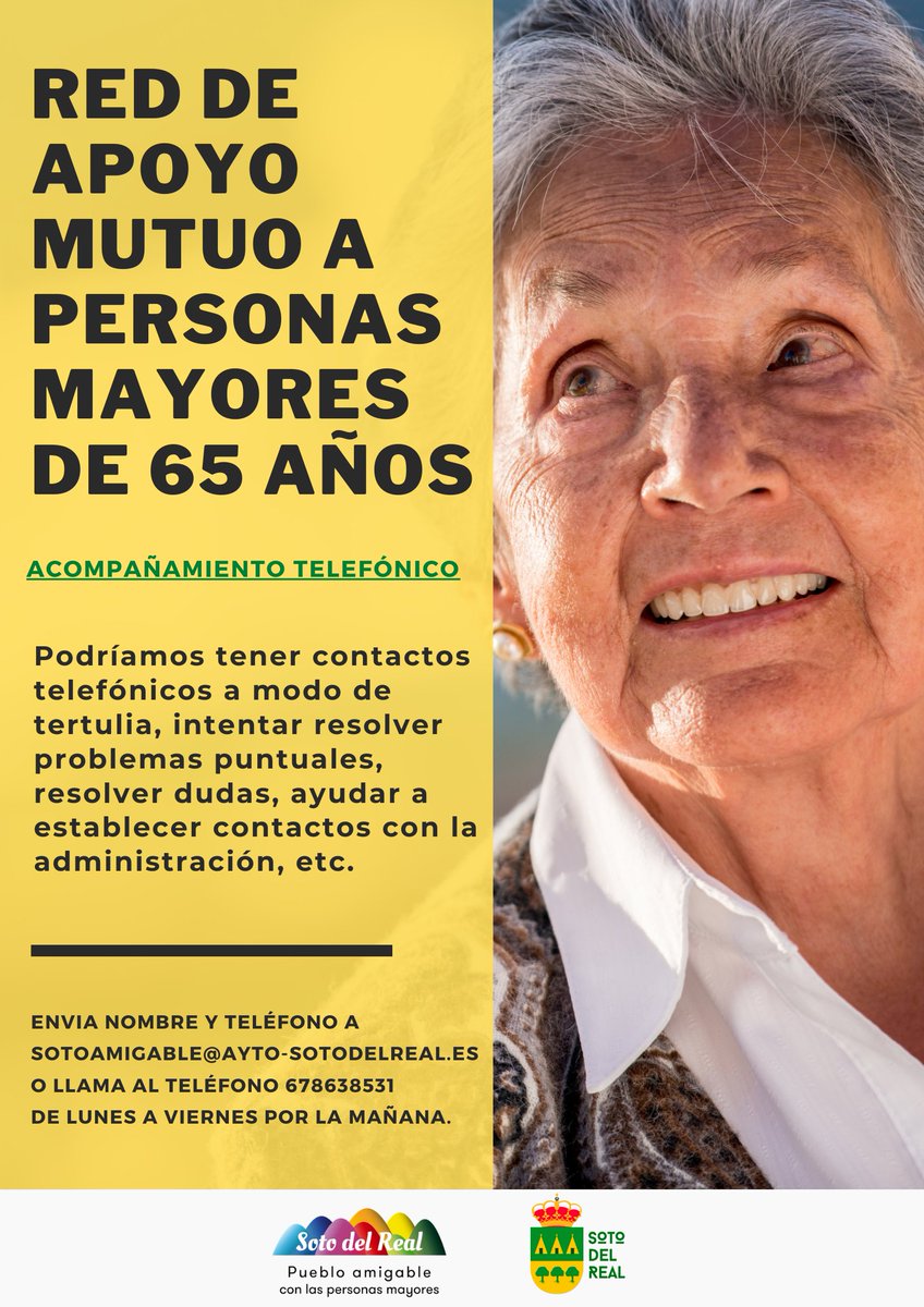 👍¿Tejemos una red de #apoyo muto para #mayores de 65 en #SotodelReal?

👉Si necesitas o te apetece participar en este programa de #acompañamiento, te llamaremos para charlar y hacer más llevadera esta situación

👉Si tienes algún familiar que viva solo, llámanos

#ViveSoto