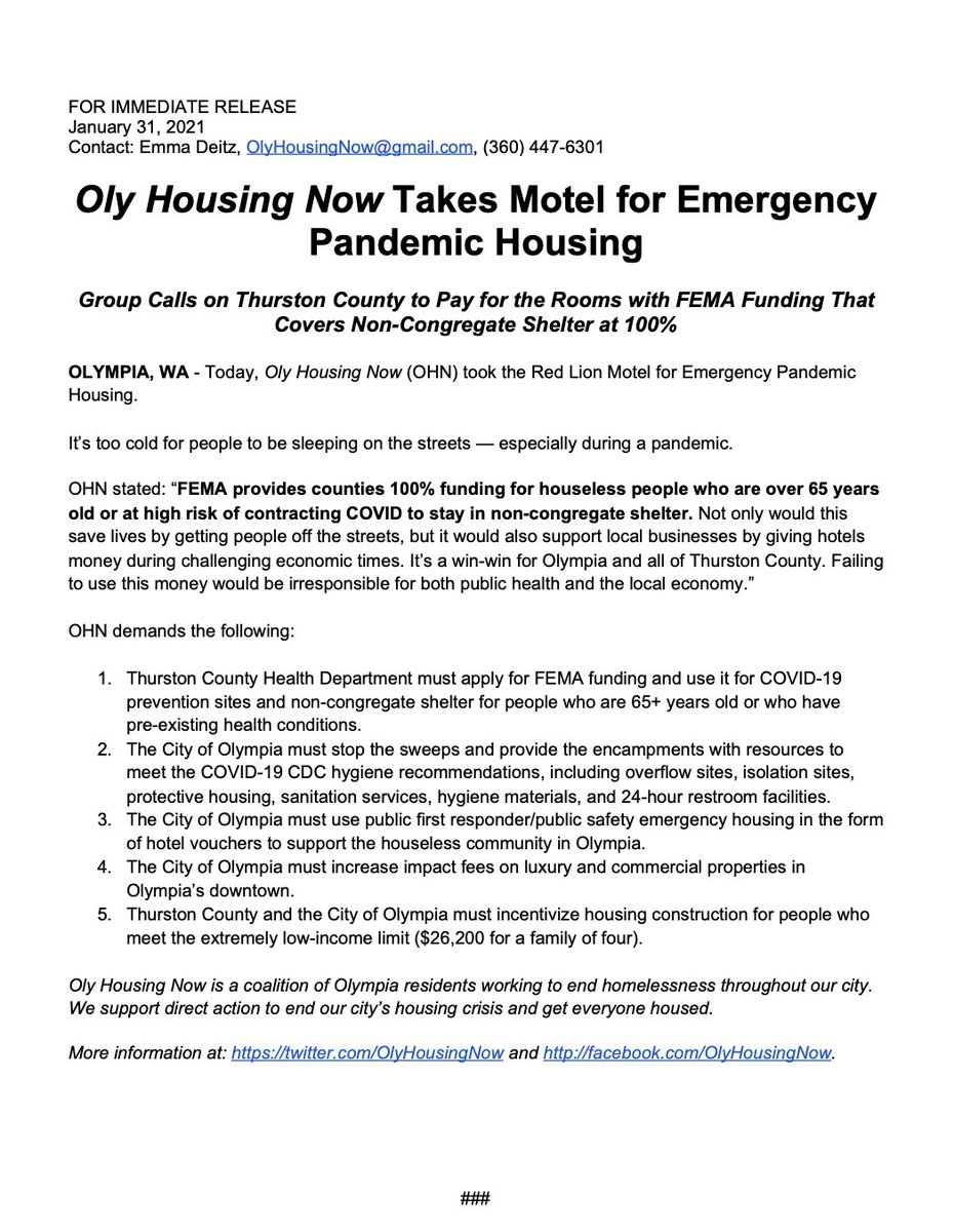 BREAKING: @OlyHousingNow Takes Motel for Emergency Pandemic Housing
 
Group Calls on Thurston County to Pay for the Rooms with FEMA Funding That Covers Non-Congregate Shelter at 100%