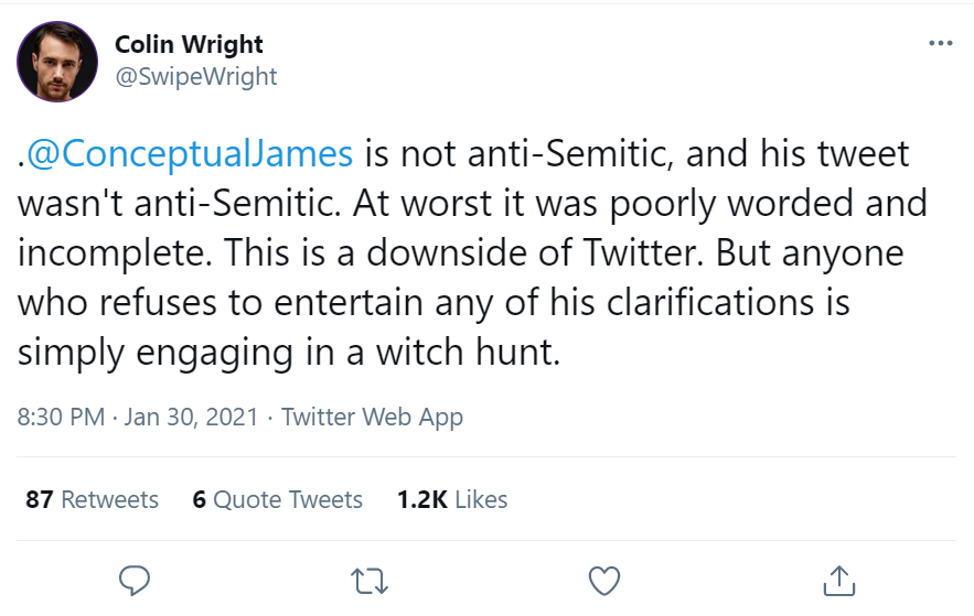 It is Colin's job to obfuscate any serious conversations, but I would strongly caution against the trap that we "need" to prove Lindsay is "antisemitic." All that matters is that JL constantly promotes antisemitic *arguments* and favours reactionary figures without any correction