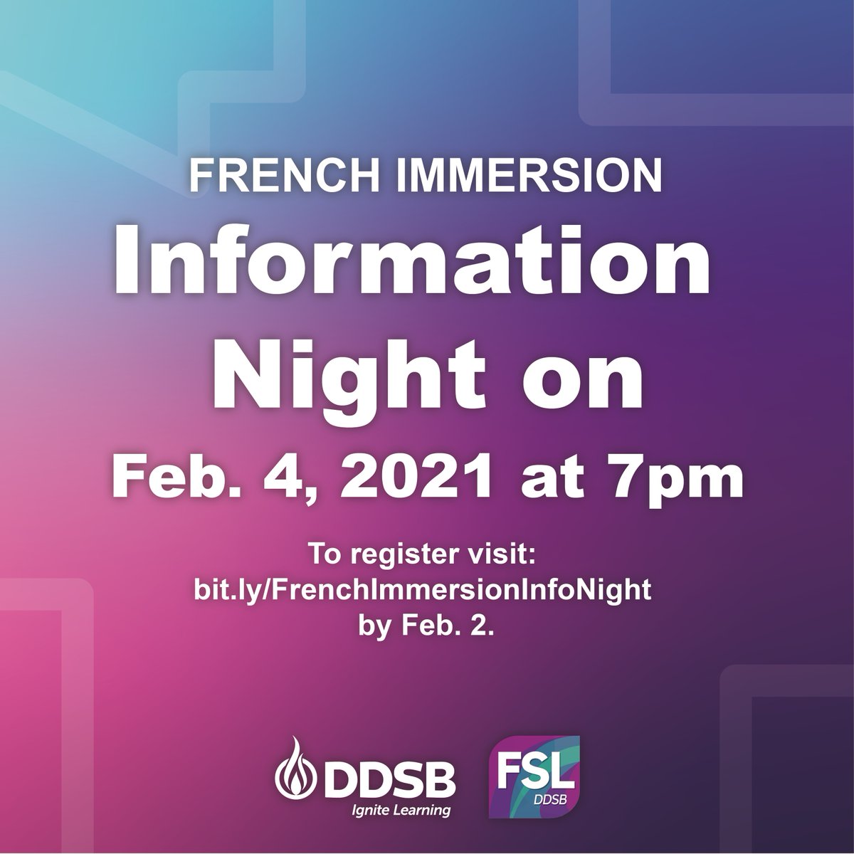Attention Kindergarten families! DDSB schools are hosting virtual French Immersion Information Nights happening on Feb. 4 at 7:00 pm. Visit bit.ly/FrenchImmersio… to register and learn more about DDSB’s French Immersion program. The deadline to register is Feb. 2  <a href="/FSLDDSB/">FSL@DDSB</a>