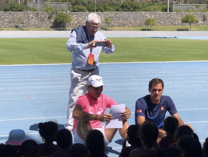 Later, the ‘bitter rivals’ met with a group of children from Hout Bay - they played a version of ‘Simon Says’ and also read a story aloud, with Roger ending up in a fit of giggles over Rafa’s mispronunciation of ‘farting’...