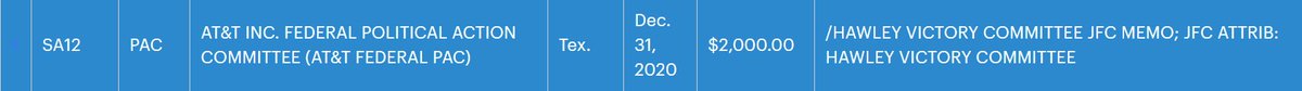 On DECEMBER 30, 2020: Josh Hawley ( @HawleyMO) announced he would object to the certification of the electoral collegeOn DECEMBER 31, 2020: Hawley received a $3,000 contribution from  @ATT