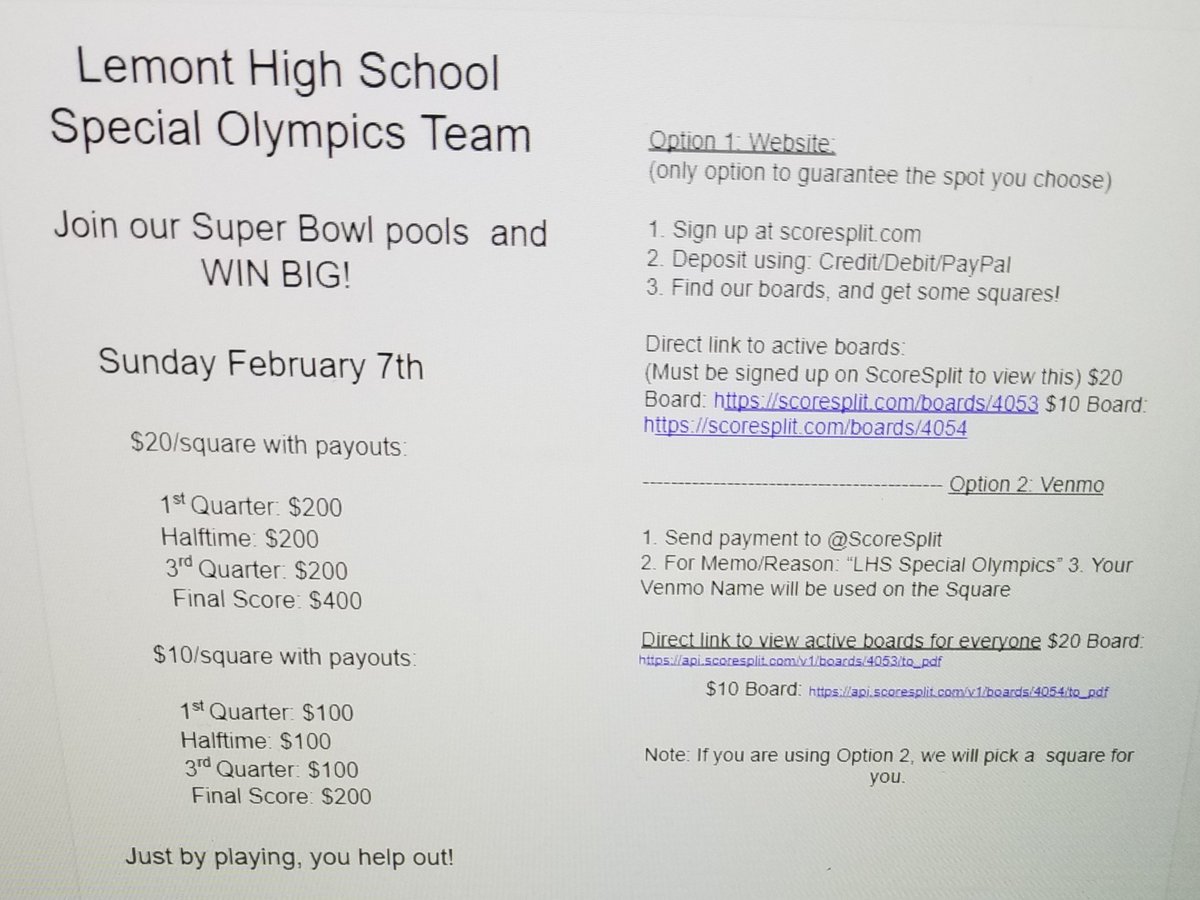 LHS Special Olympics Team fundraiser-SUPER BOWL SQUARES!! 🥇🏆Let's have some fun raising money for our team!🏆🥇 All you need to do is sign up on the website scoresplit.com  and select our team name. Thank you in advance for your support!!