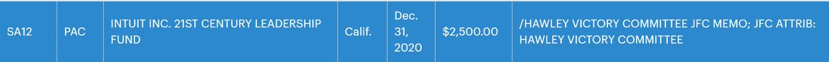 On DECEMBER 30, 2020: Josh Hawley ( @HawleyMO) announced he would object to the certification of the electoral collegeOn DECEMBER 31, 2020: Hawley received a $2,500 contribution from  @Intuit