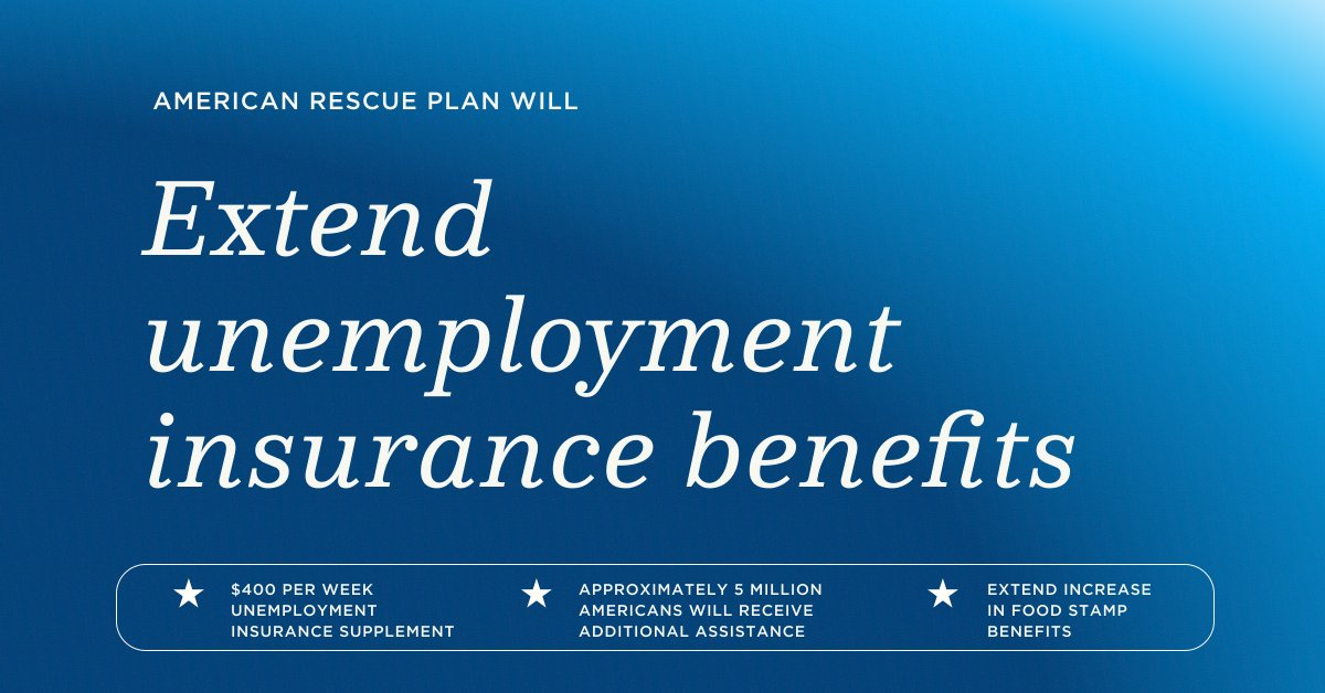 Extend unemployment insurance benefits. $400 per week unemployment insurance supplement. Approximately 5 million Americans will receive additional assistance. Extend increase in food stamp benefits.