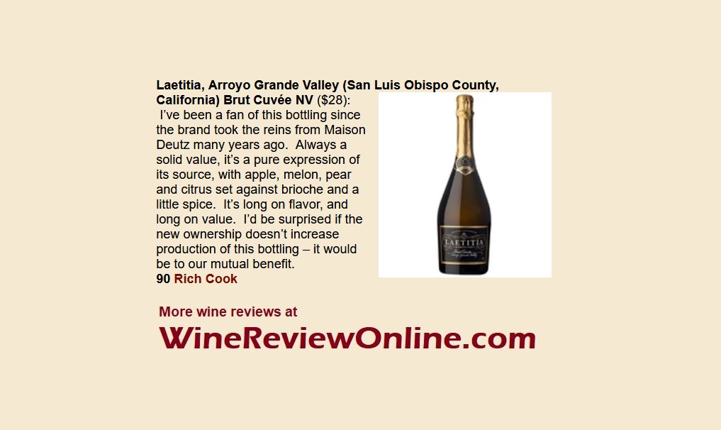 My #wine review of <a href="/Laetitia_Winery/">Laetitia Wine</a> Brut Cuvée NV,  Arroyo Grande Valley, California
90 Points
A pure expression of its source, with apple, melon, pear and citrus set against brioche and a little spice. 
WineReviewOnline.com/wine_reviews.c… <a href="/WineReviewOnlin/">WineReviewOnline.com</a>