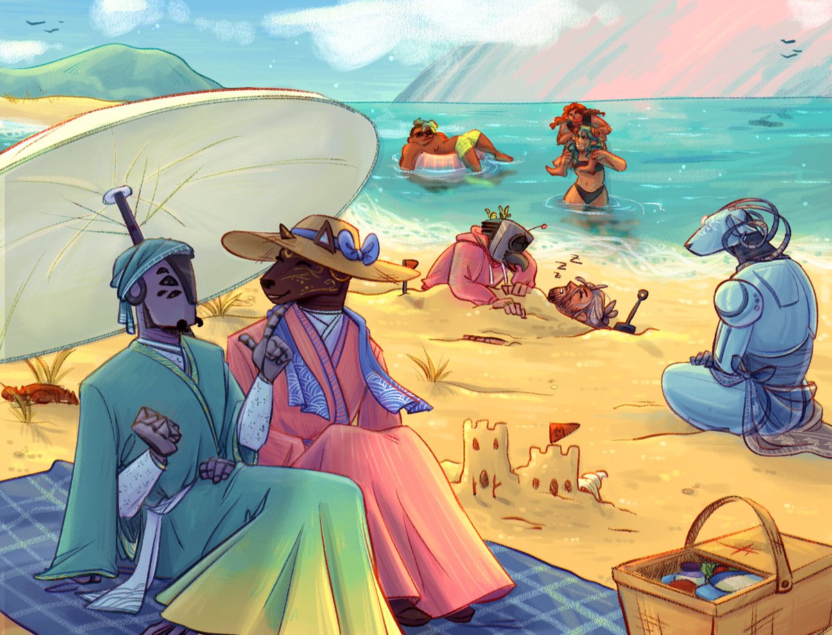 happy secret samol!!! here’s my gift for @muchNattery who asked for “gur sevraq and valence just hanging out” so i thought it would be fun to make them have a nice beach day 
hope you like it! #secretsamol #friendsatthetable