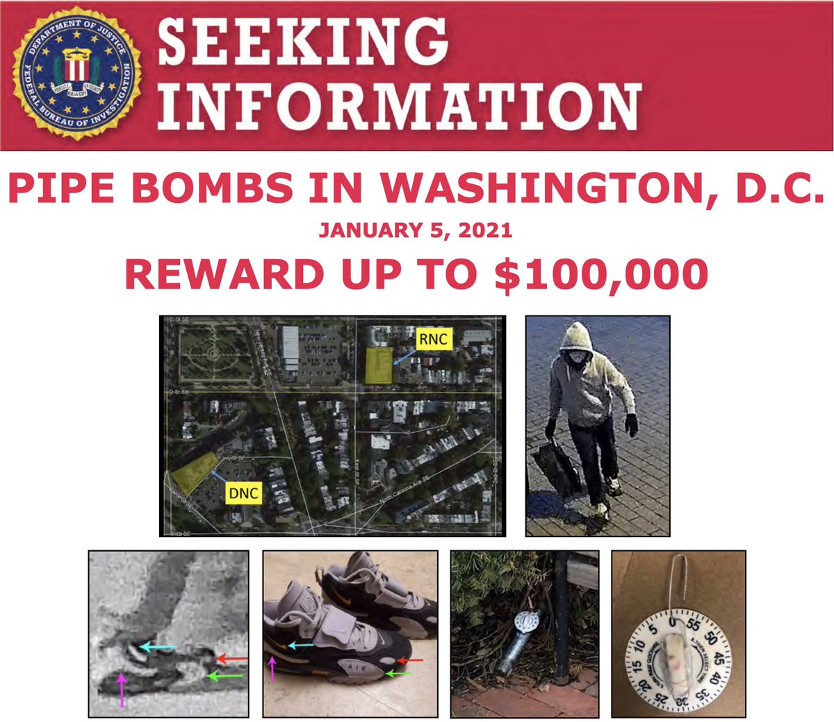 #ICYMI: The #FBI and @ATFWashington are offering up to $100,000 for information about the individual(s) who placed pipe bombs at the Democratic National Committee and Republican National Committee headquarters in Washington, D.C., on January 5. ow.ly/dd0350Dm1c5