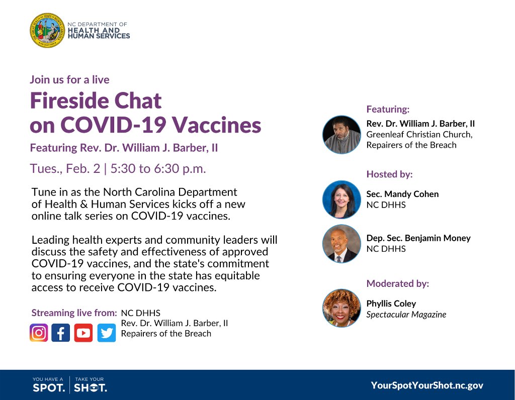 Ncdhhs Join Us For A Fireside Chat On Covid 19 Vaccines With Ncdhhs Secretary Dr Mandy Cohen Ncdhhs Deputy Secretary Benjamin Money And Rev Dr William J Barber Ii Moderated By