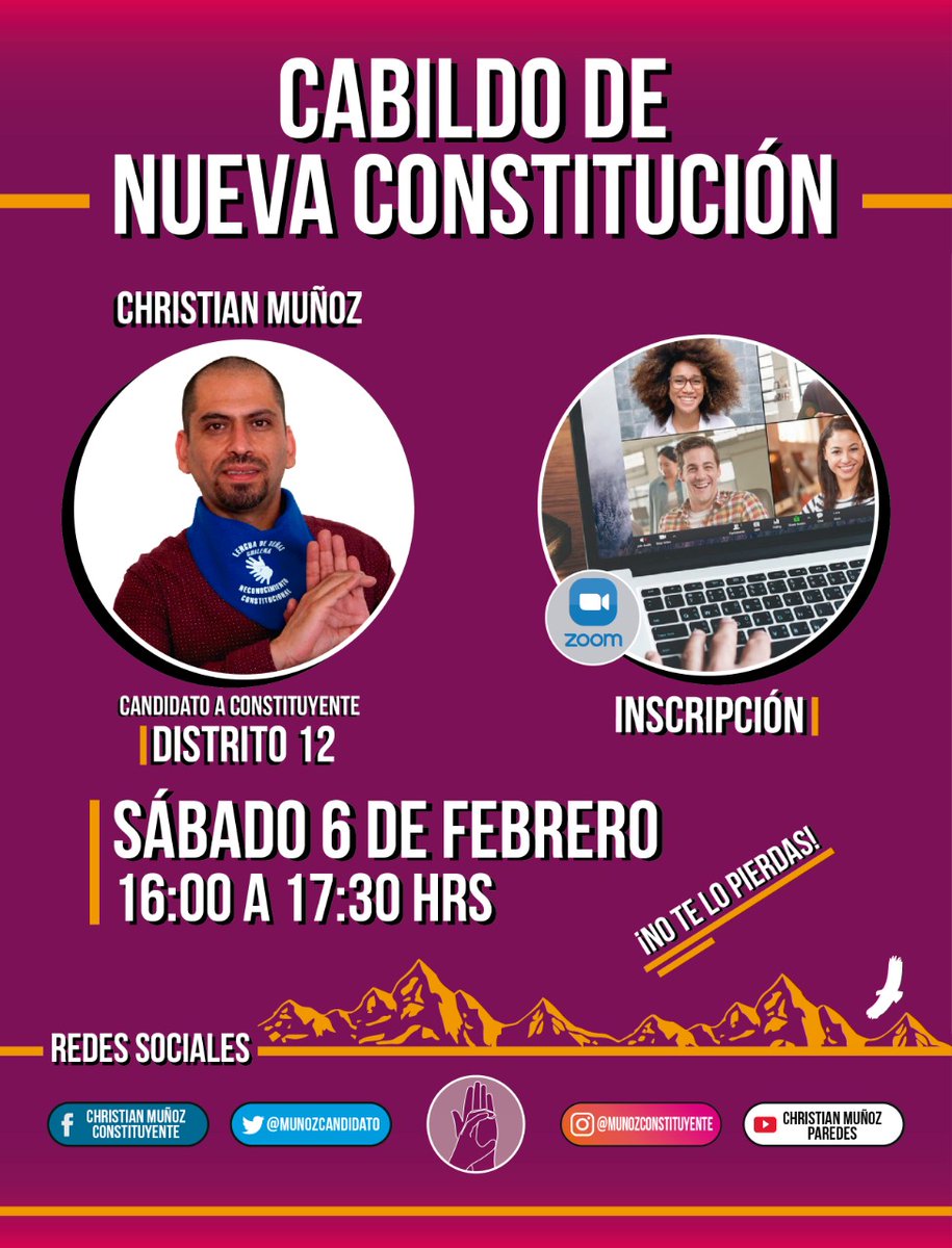 ¡Hola! Les hacemos una invitación para un cabildo virtual con motivo de una #NuevaConstitución a desarrollarse el día sábado 6 de febrero a las 16hrs vía zoom. Para participar, deben inscribirse en el siguiente formulario: forms.gle/ESYH1s2WrB47Hs… 

¡Agradecemos su participación!