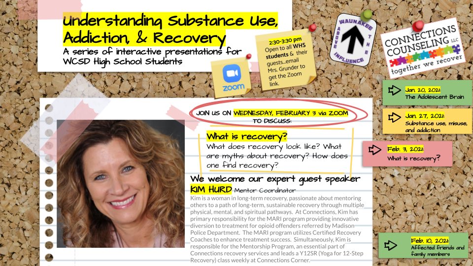 WaunakeeATI's tweet photo. Hey WHS! Come learn about and be inspired by the hope in RECOVERY! Join us this Wed, Feb. 3 as we talk with Kim Hurd from Connections Counseling and hear about her life-saving and life-changing work in the Madison community. Prepare to be EMPOWERED! https://t.co/HtYNsQsise