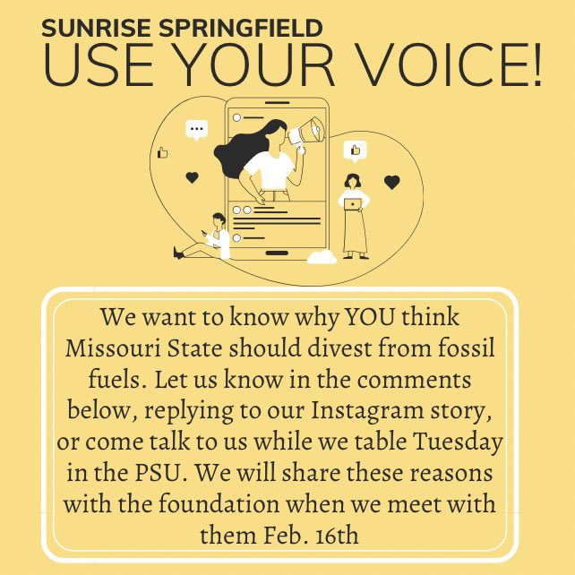 sunrise_sgf's tweet photo. ⚠️Time to use to your voice!⚠️
We want to know why you all care about #divestmostate ! Let us know and don’t forget to click the link in our bio to sign our petition and email the foundation! https://t.co/Q1Q81BGrRS