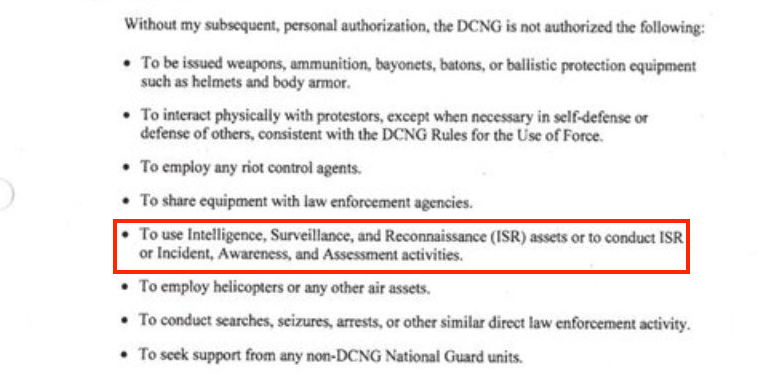 We had already heard that the D.C. National Guard was forbidden from preparing for a violent insurrection, but this jumped out at me: forbidden from using any intelligence, surveillance, or reconnaissance assets.Not only were they forbidden from moving - they were *blinded.*
