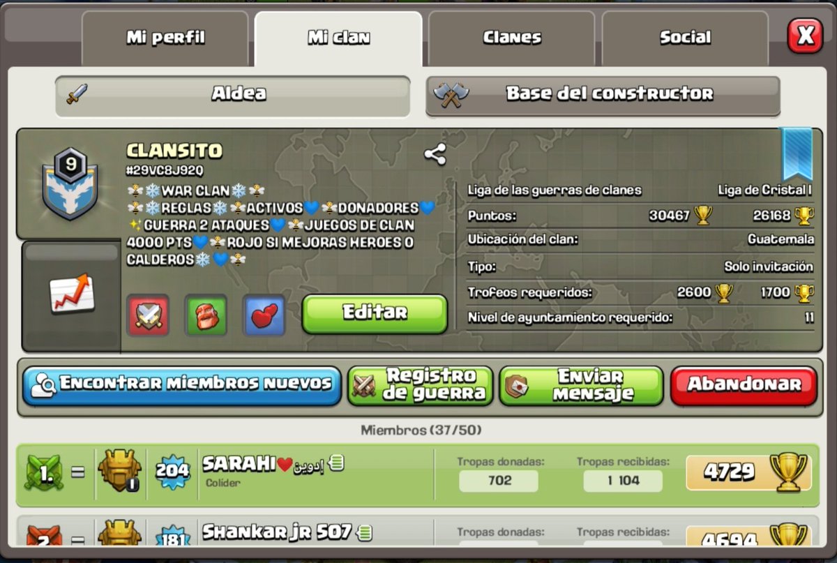 Clan nivel 9
Buscamos th13 nivelados para liga
Liga cristal 1, queremos subir a maestro... Son bienvenidos
link.clashofclans.com/es?action=Open…