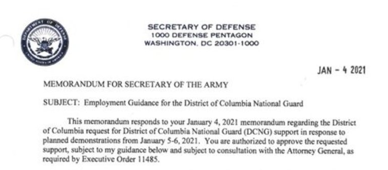 This memo, published the same hour as hostile forces gathered in D.C. for the terrorist attack, seems tailor-made to give the insurrectionists an unholy advantage.No other National Guard has to ask permission to defend us. D.C.'s needed *personal* authorization of the SecDef.