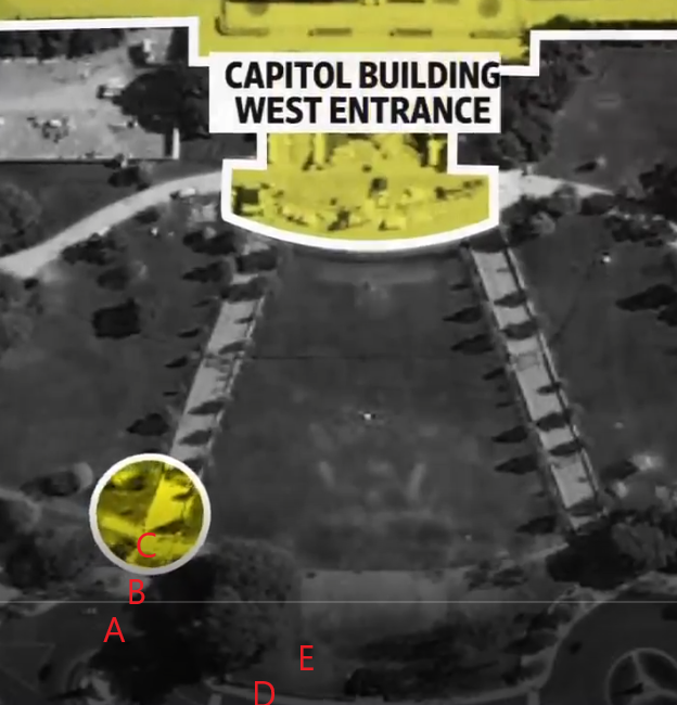 3/ Overhead shot from WSJ with my annotations added. A. where PB organizers and other crowd gathered before attack. B. initial unmanned barrier removed. C. initial police confrontation. D. Location  #BlackSkiMask removed barriers. E. Field where other instigators entered.