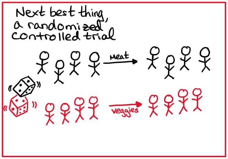 Another option, and what many consider the next best thing, is to do a controlled experiment or randomized controlled trial. To do this, you create 2 groups of people with the same heart attack risk, feed some veggies & others meat, and see what happens.