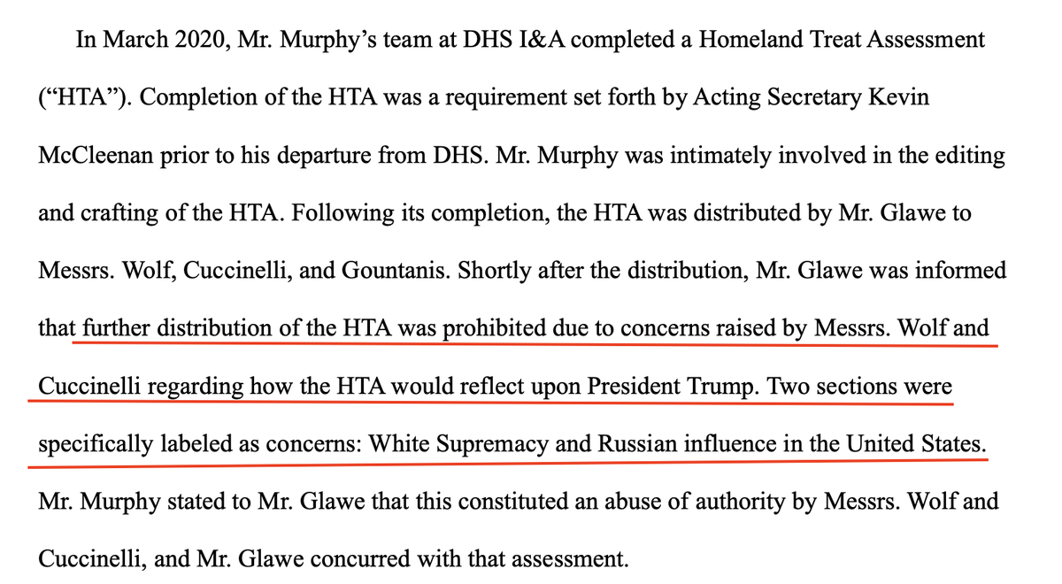 DHS Intelligence & Analysis produced a Homeland Threat Assessment (HTA) that Trump's political appointees covered up because WHITE SUPREMACY and RUSSIAN INTERFERENCE would apparently look bad...for Trump.(Bending intel analysis is a big no-no, guys.)