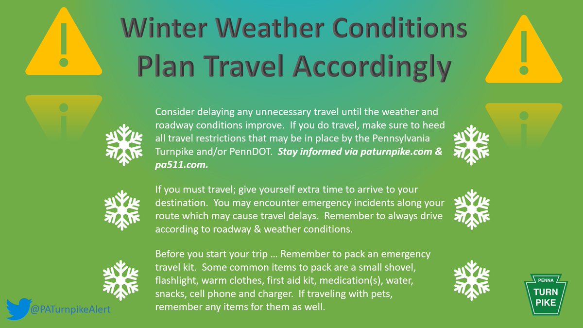 PATurnpikeAlert's tweet image. Winter Weather Conditions are impacting most of the #PATurnpike. 

❄️Consider delaying unnecessary travel

❄️If you must 🚗travel; give yourself extra time⏰, drive according to roadway conditions and obey all travel/vehicle restrictions.

❄️Have a emergency kit in your vehicle