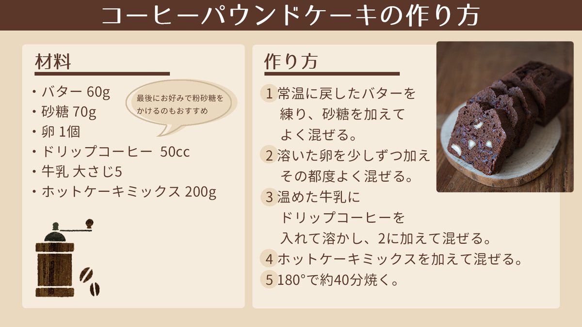 Coffee Town 東日本コーヒー商工組合 もう少しで バレンタインデー 皆さんは もう何を作るのか決めていますか ホットケーキミックスで簡単に作れる コーヒーパウンドケーキ をご紹介
