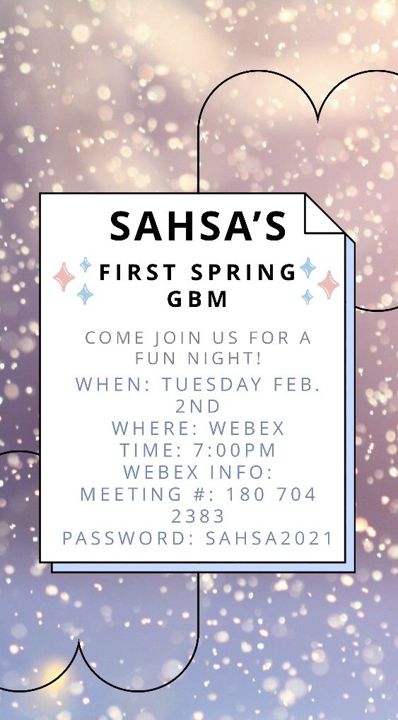 😊 Hola familia! It’s been so long since our last meeting! We’re so excited to talk to you all this Tuesday at our first Spring semester GBM! We hope to see you there on WebEx! 😊