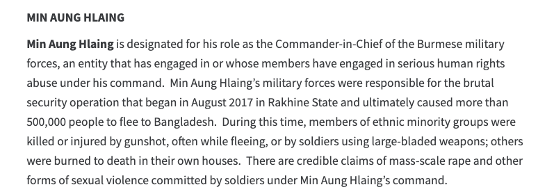  #Myanmar army commander-in-chief Min Aung Hlaing has ties with the military of  #China going back at least a decade. He was sanctioned in 2019 by  @USTreasury for human rights abuses under his command against the  #Rohingya.  https://home.treasury.gov/news/press-releases/sm852  #BurmaCoup