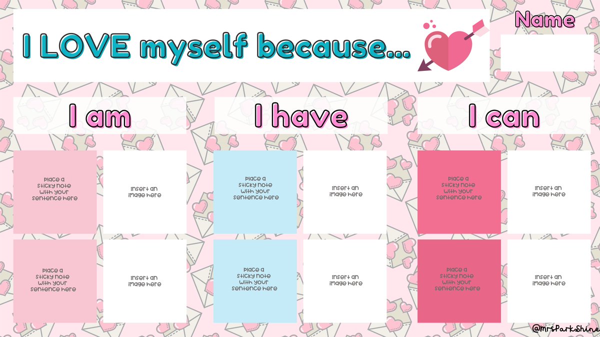 🍬Love Me Jamboard🍬 

💙Here's a Valentine's Day activity to foster self-confidence and help students identify their own strengths! 

♥️As an extension activity, you can invite students to write a note observing each other's strengths. 

Enjoy👇🏾
mrspark.org/free