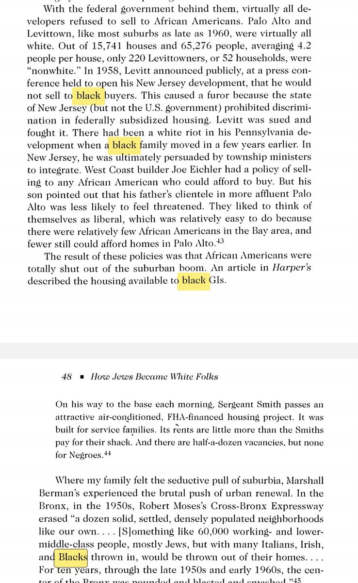 Much of her angle is to insist that society accepted Jews before blacks. She'll go on to argue that many Jews betrayed solidarity and engaging in anti-Black racism in their efforts to clamor for whiteness. Earning privilege by being racist traitors.
